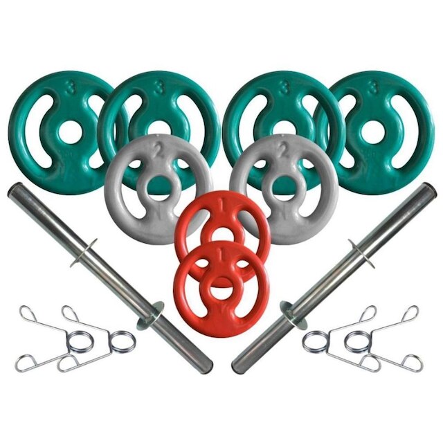 Kit com Barras de Halteres e Anilhas Emborrachadas - 18 Kg